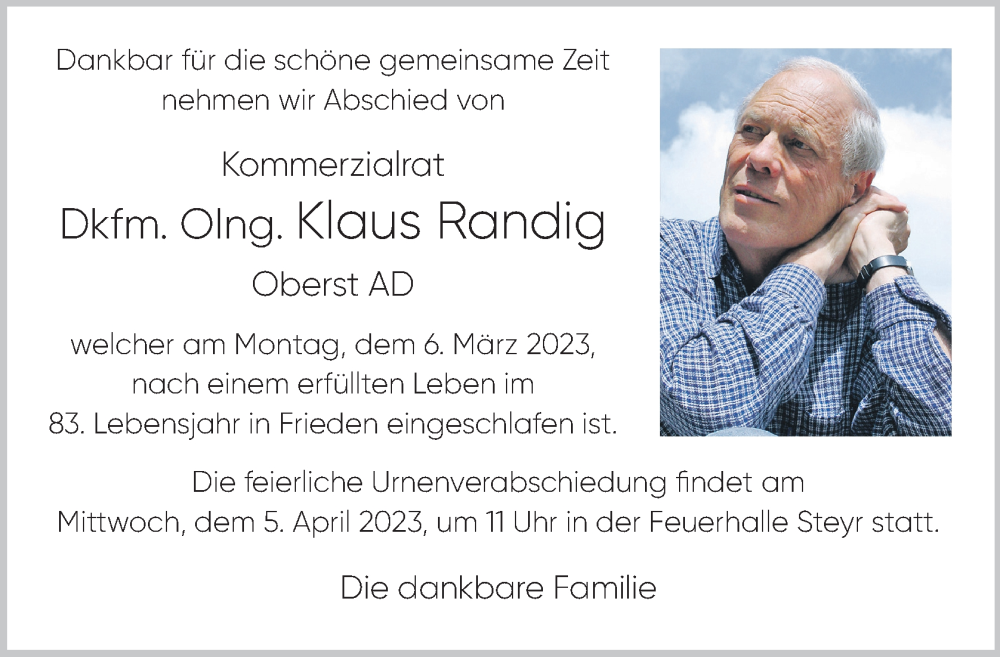  Traueranzeige für Klaus Randig vom 18.03.2023 aus OÖNachrichten