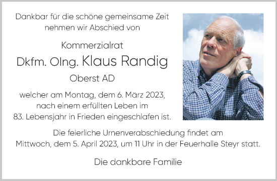 Traueranzeige von Klaus Randig von OÖNachrichten