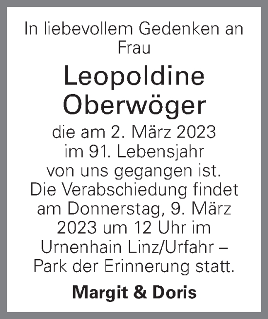 Traueranzeige von Leopoldine Oberwöger von OÖNachrichten