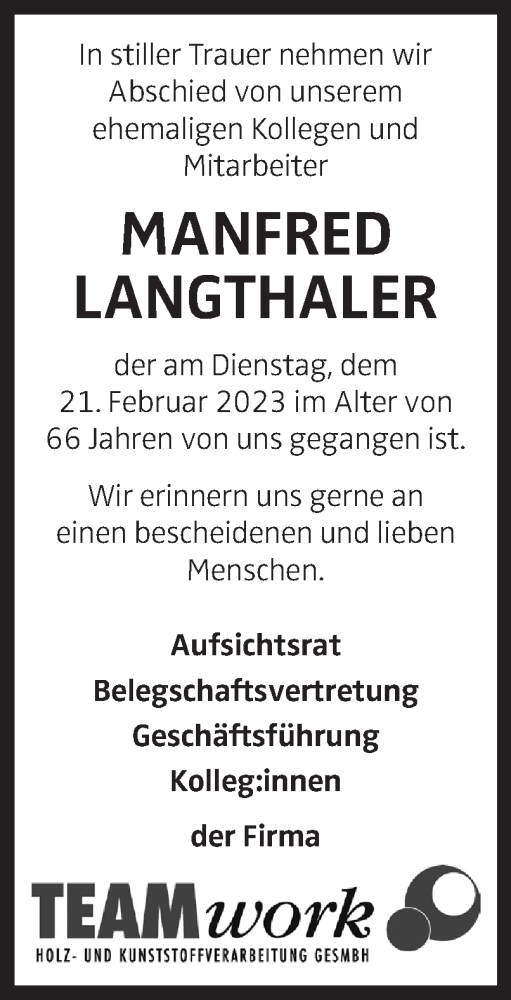  Traueranzeige für Manfred Langthaler vom 02.03.2023 aus OÖNachrichten