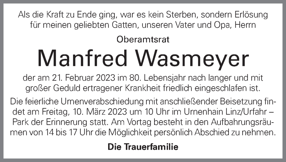  Traueranzeige für Manfred Wasmeyer vom 04.03.2023 aus OÖNachrichten