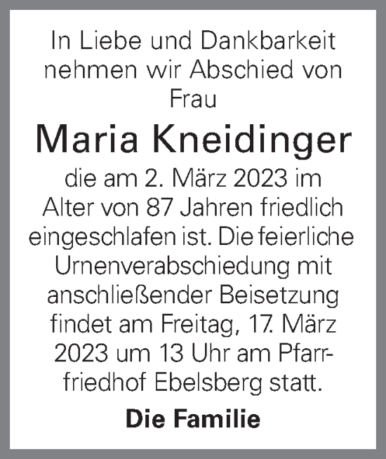 Traueranzeige von Maria Kneidinger von OÖNachrichten