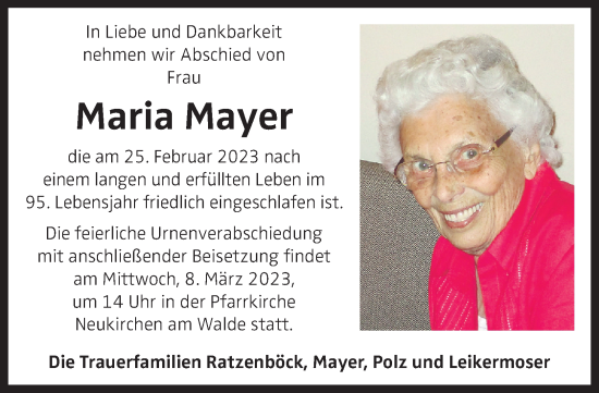 Traueranzeige von Maria Mayer von OÖNachrichten