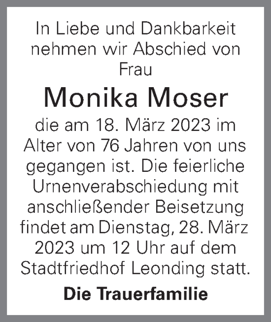 Traueranzeige von Monika Moser von OÖNachrichten