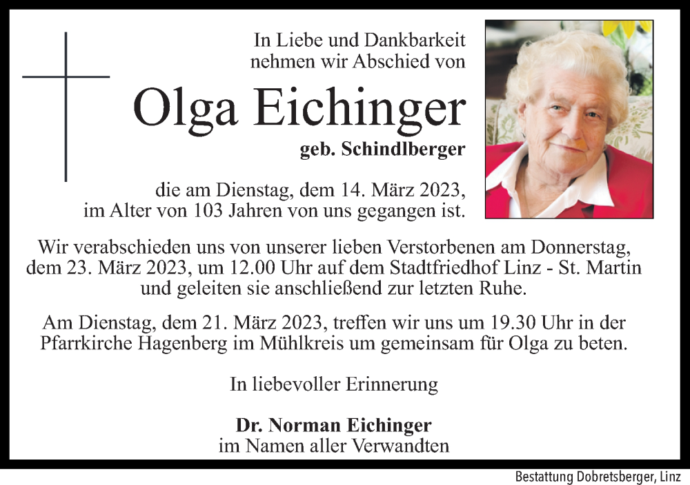  Traueranzeige für Olga Eichinger vom 18.03.2023 aus OÖNachrichten