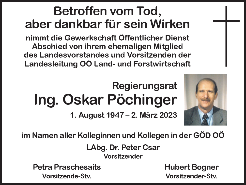  Traueranzeige für Oskar Pöchinger vom 10.03.2023 aus OÖNachrichten