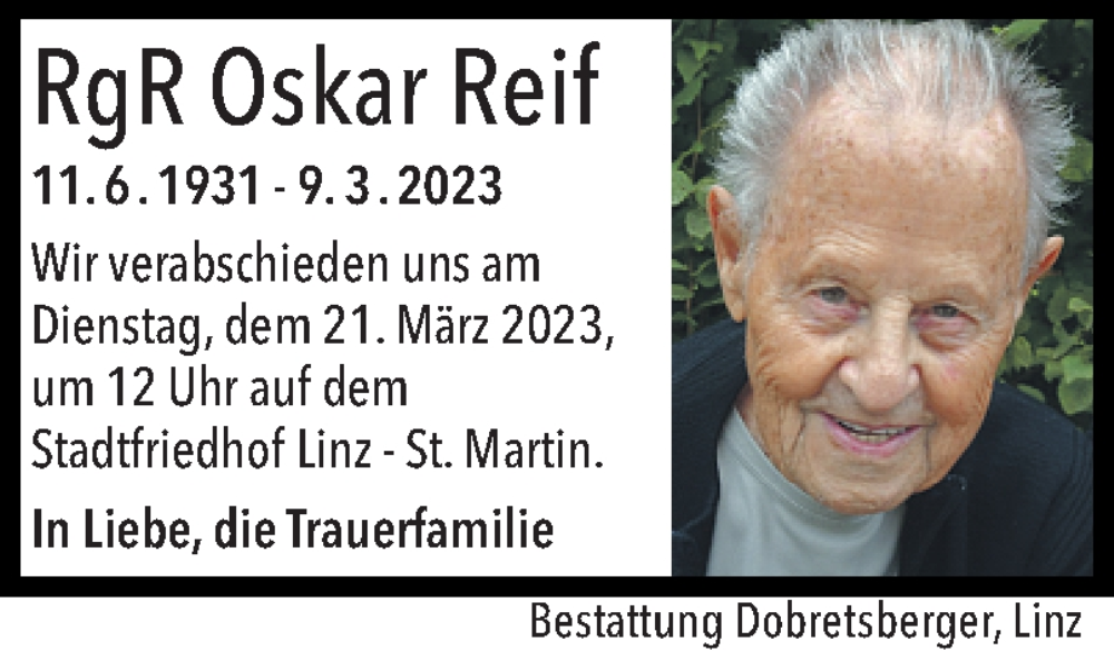  Traueranzeige für Oskar Reif vom 18.03.2023 aus OÖNachrichten
