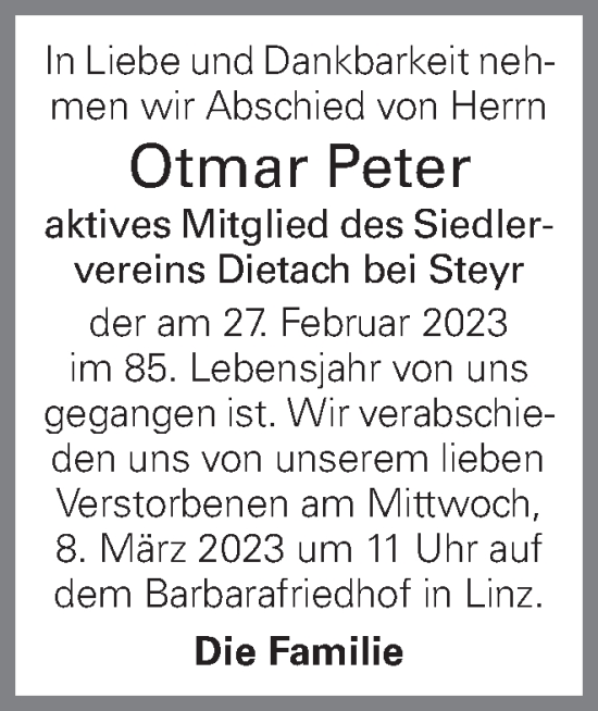 Traueranzeige von Peter Otmar von OÖNachrichten