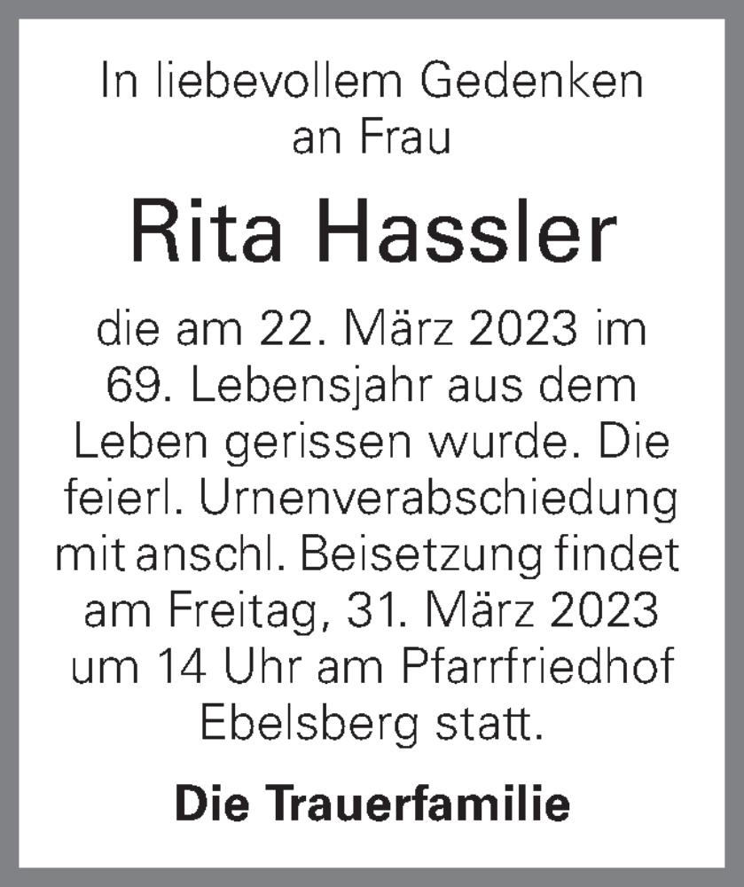  Traueranzeige für Rita Hassler vom 28.03.2023 aus OÖNachrichten