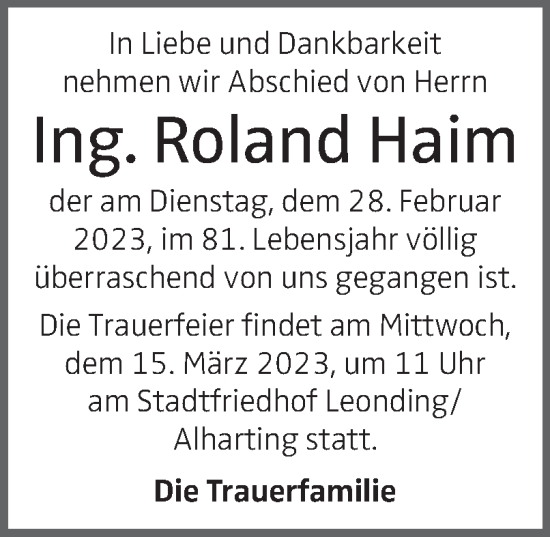 Traueranzeige von Roland Haim von OÖNachrichten