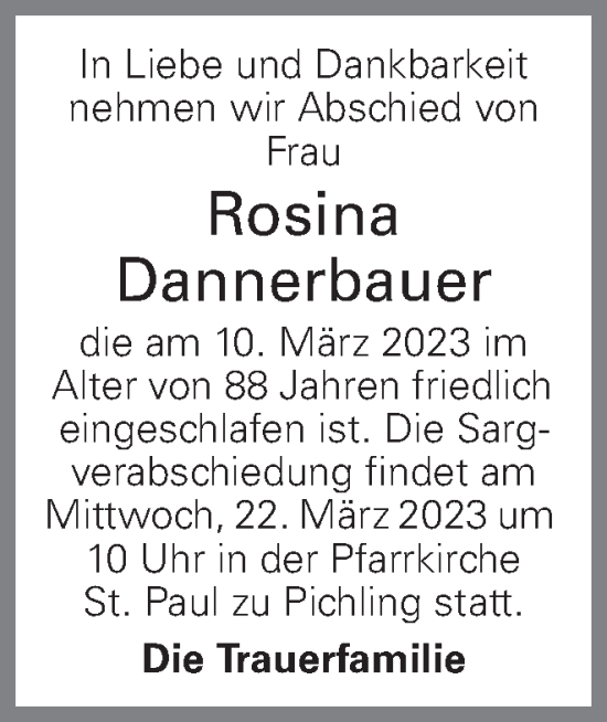 Traueranzeige von Rosina Dannerbauer von OÖNachrichten