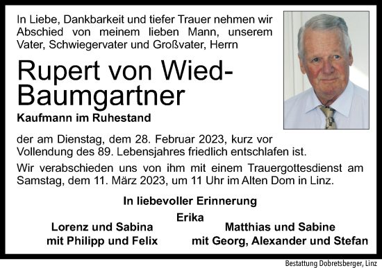 Traueranzeige von Rupert  von  Wied-Baumgartner von OÖNachrichten