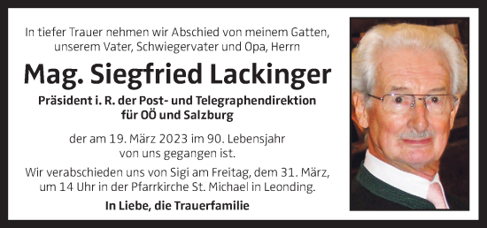 Traueranzeige von Siegfried Lackinger von OÖNachrichten