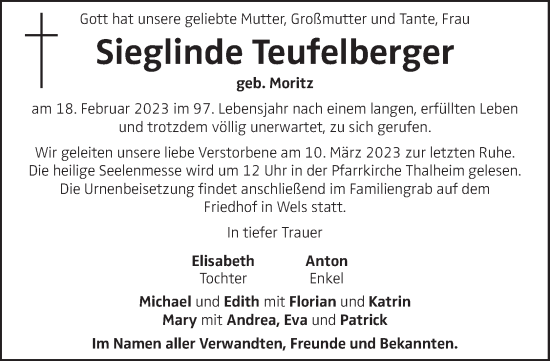 Traueranzeige von Sieglinde Taufelberger von OÖNachrichten
