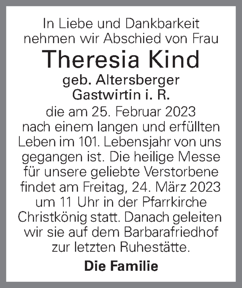  Traueranzeige für Theresia Kind vom 04.03.2023 aus OÖNachrichten