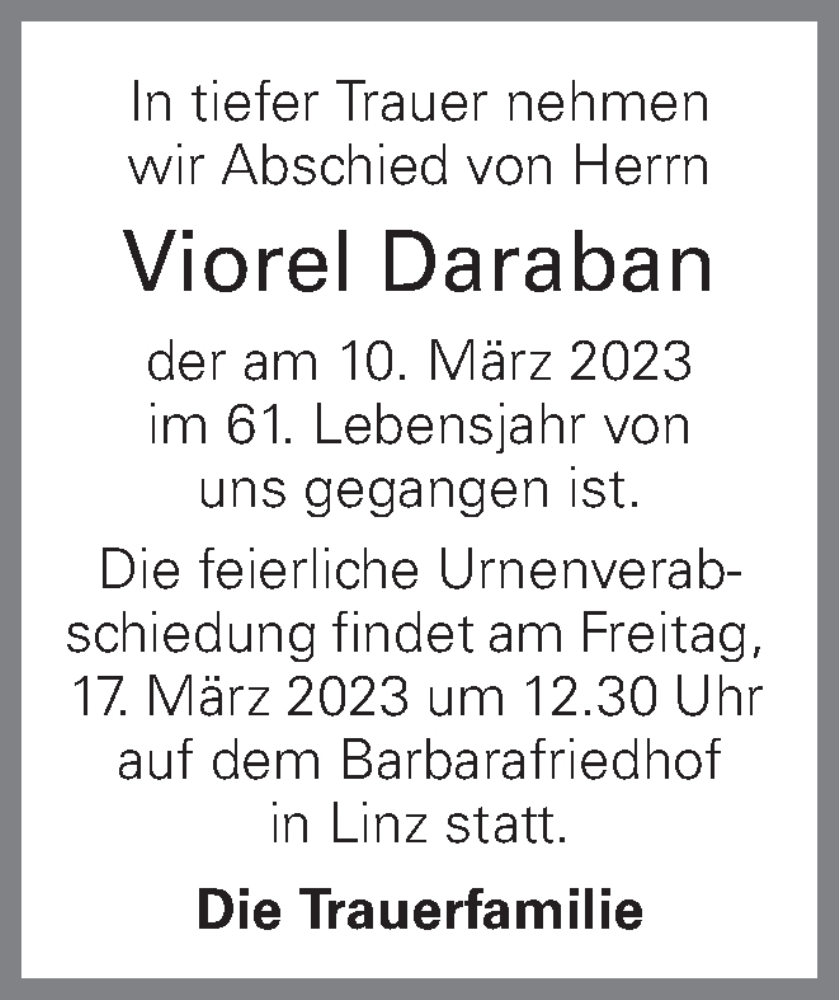  Traueranzeige für Viorel Daraban vom 15.03.2023 aus OÖNachrichten
