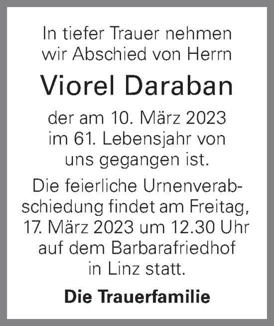 Traueranzeige von Viorel Daraban von OÖNachrichten