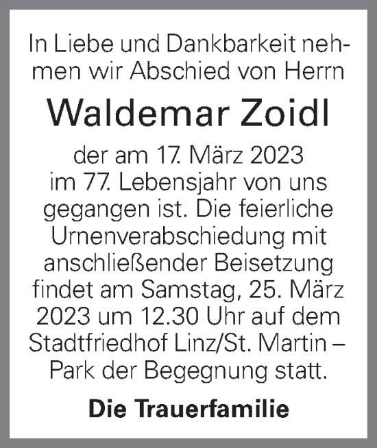 Traueranzeige von Waldemar Zoidl von OÖNachrichten