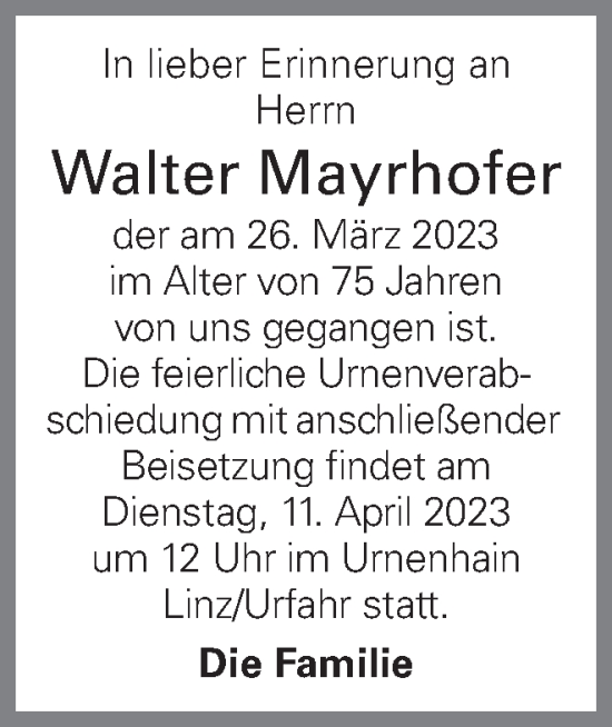 Traueranzeige von Walter Mayrhofer von OÖNachrichten