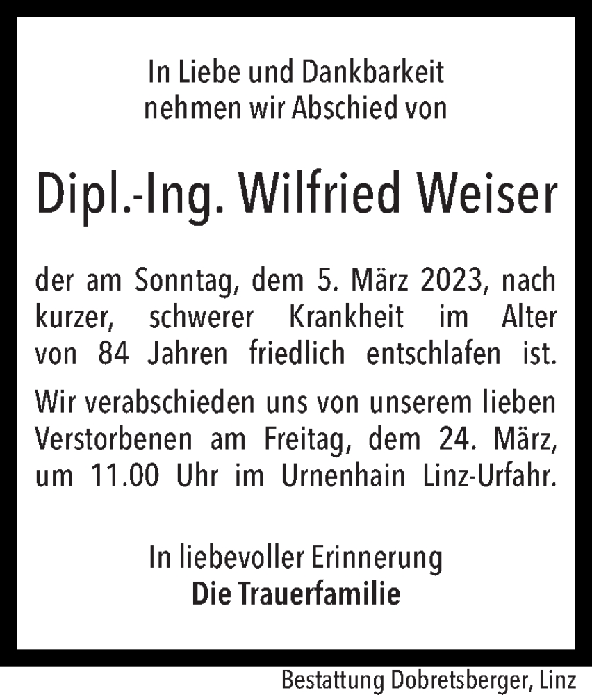  Traueranzeige für Wilfried Weiser vom 17.03.2023 aus OÖNachrichten