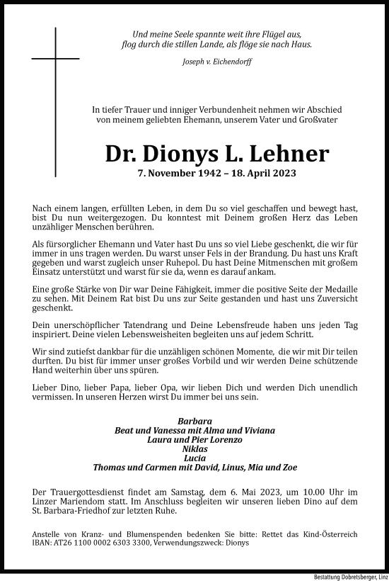 Traueranzeige von Dionys L. Lehner von OÖNachrichten