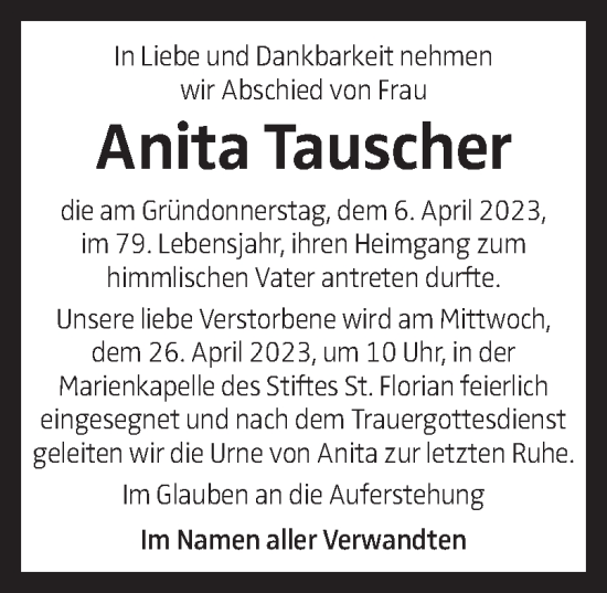 Traueranzeige von Anita Tauscher von OÖNachrichten