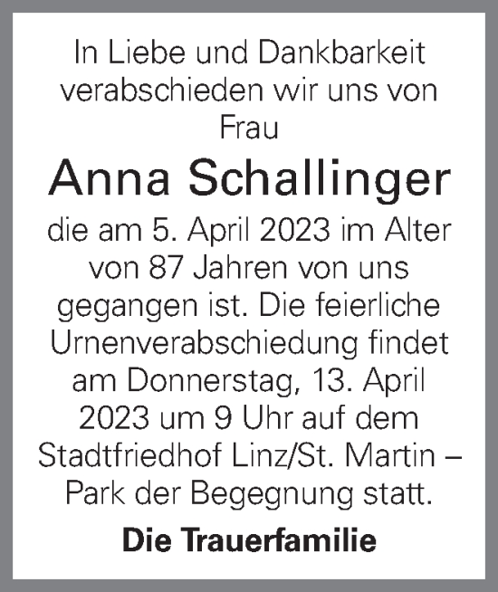 Traueranzeige von Anna Schallinger von OÖNachrichten