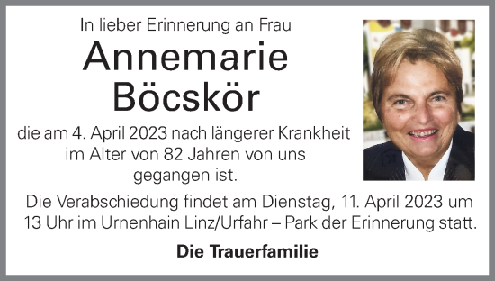 Traueranzeige von Annemarie Böcskör von OÖNachrichten