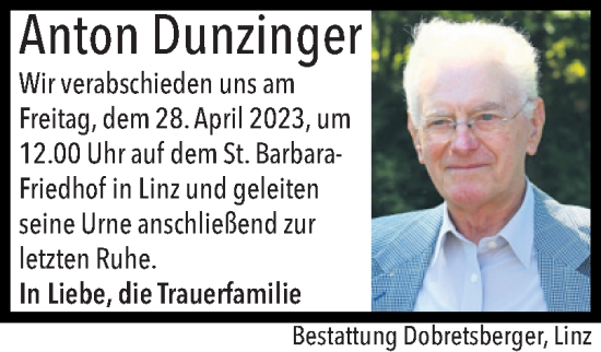Traueranzeige von Anton Dunzinger von OÖNachrichten