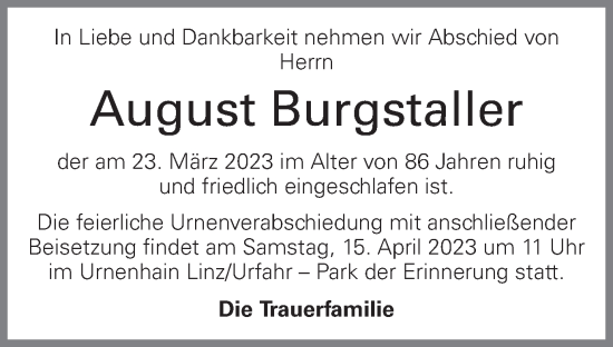 Traueranzeige von August Burgstaller von OÖNachrichten