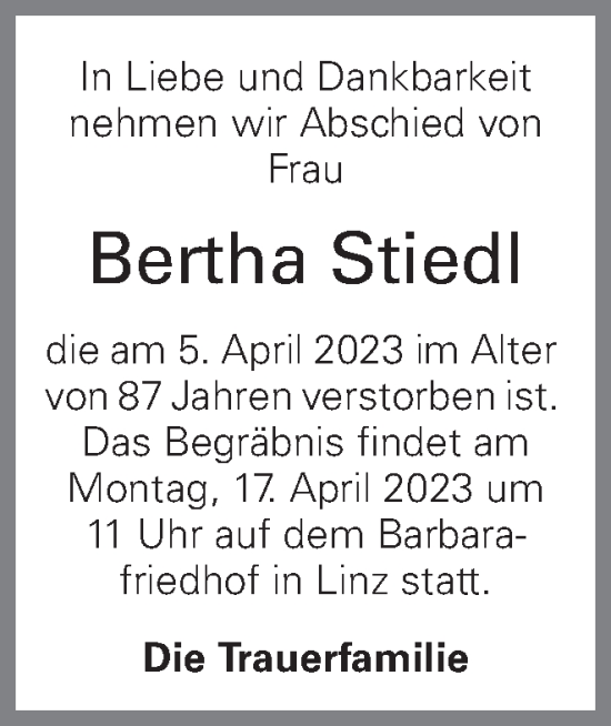 Traueranzeige von Bertha Stiedl von OÖNachrichten