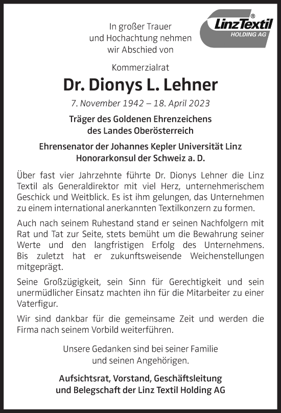 Traueranzeige von Dionys L. Lehner von OÖNachrichten