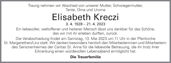 Traueranzeige von Elisabeth Kreczi von OÖNachrichten