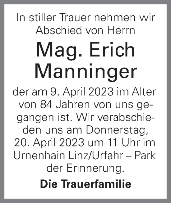 Traueranzeige von Erich Manninger von OÖNachrichten