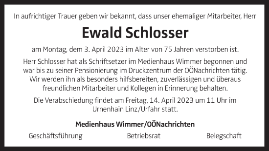 Traueranzeige von Ewald Schlosser von OÖNachrichten