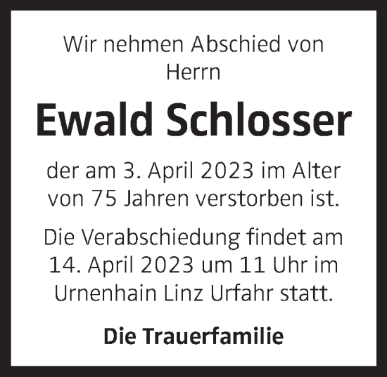 Traueranzeige von Ewald Schlosser von OÖNachrichten