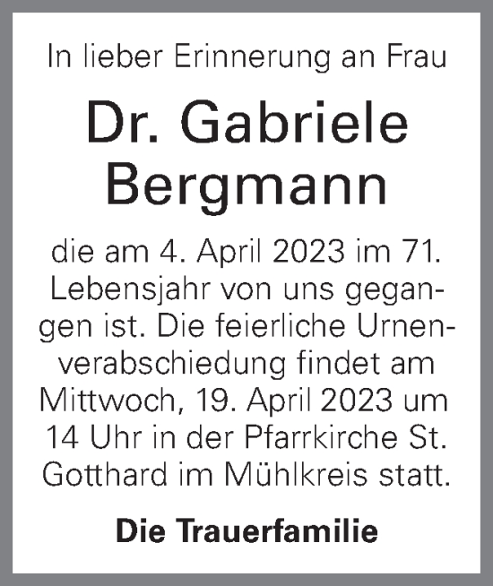 Traueranzeige von Gabriele Bergmann von OÖNachrichten