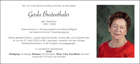 Traueranzeige von Gerda Breitenthaler von OÖNachrichten