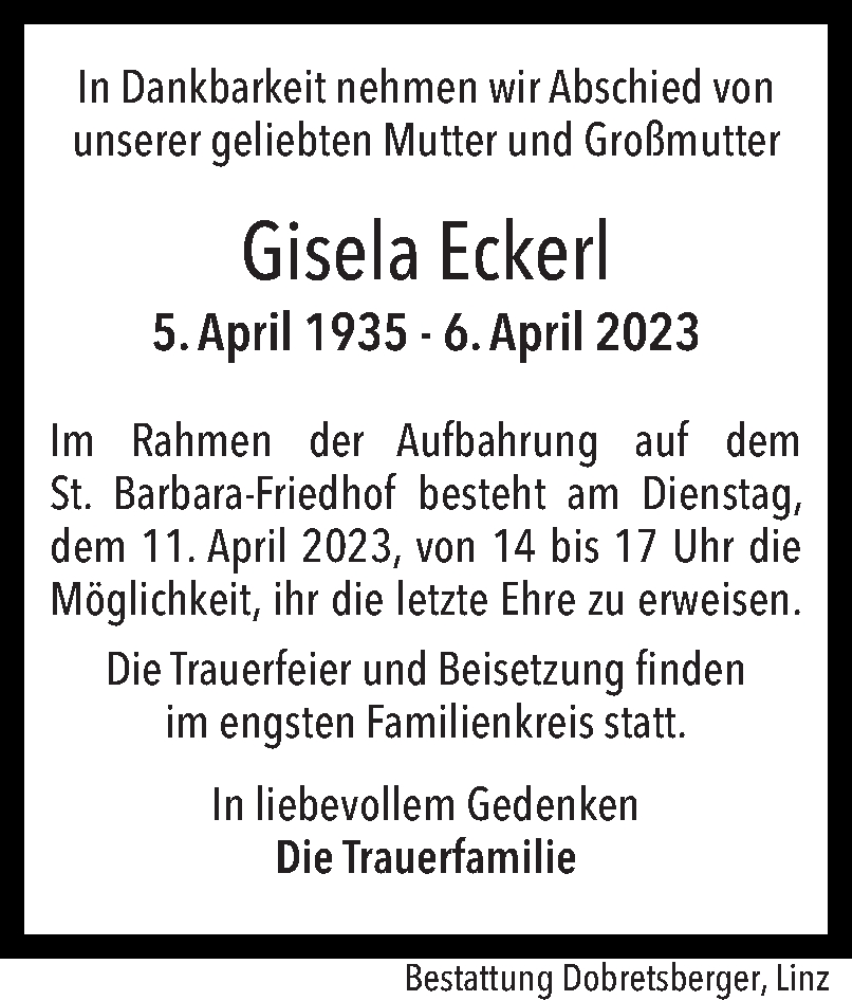  Traueranzeige für Gisela Eckerl vom 08.04.2023 aus OÖNachrichten