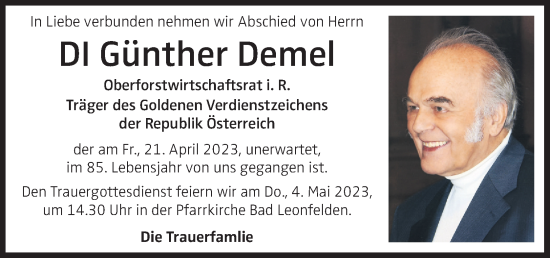 Traueranzeige von Günther Demel von OÖNachrichten