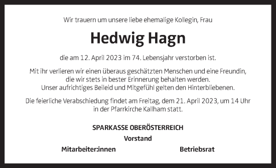 Traueranzeige von Hedwig Hagn  von OÖNachrichten
