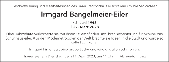 Traueranzeige von Irmgard Bangelmeier-Eiler von OÖNachrichten