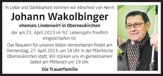 Traueranzeige von Johann Wakolbinger von OÖNachrichten