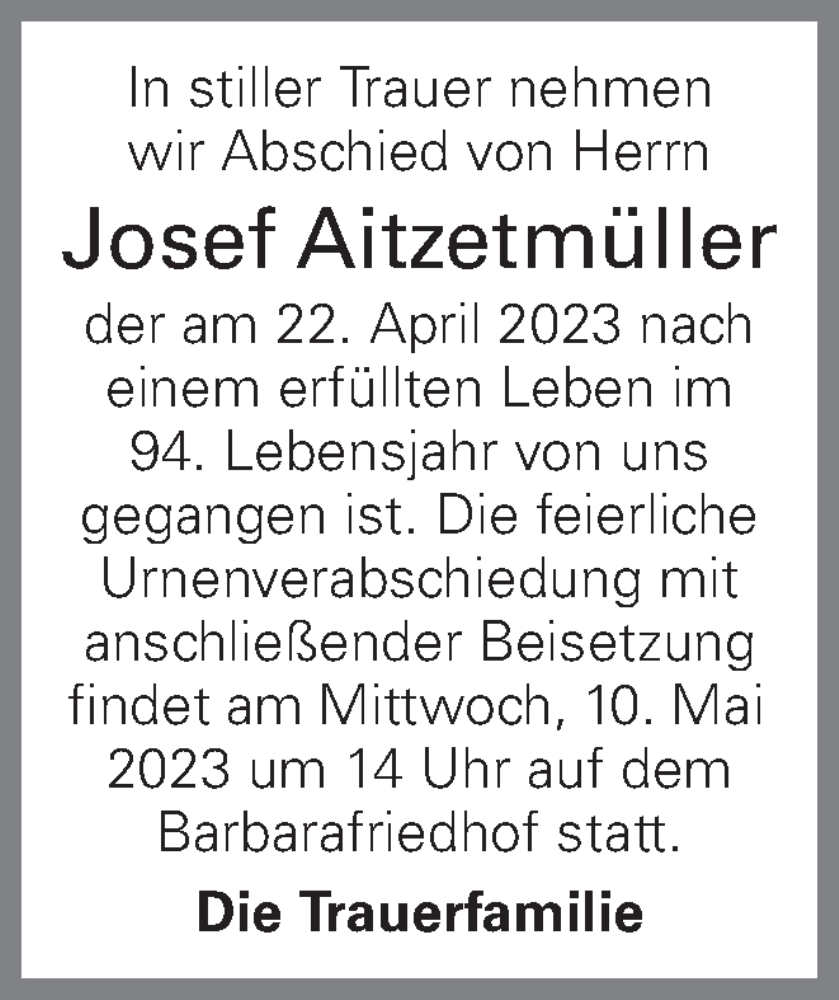  Traueranzeige für Josef Aitzetmüller vom 02.05.2023 aus OÖNachrichten