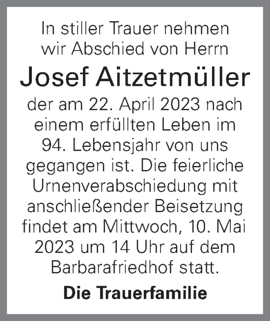 Traueranzeige von Josef Aitzetmüller von OÖNachrichten
