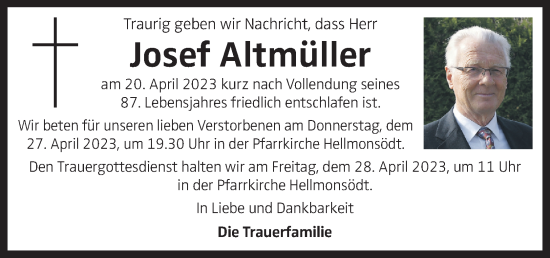 Traueranzeige von Josef Altmüller von OÖNachrichten
