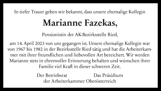 Traueranzeige von Marianne Fazekas von OÖNachrichten