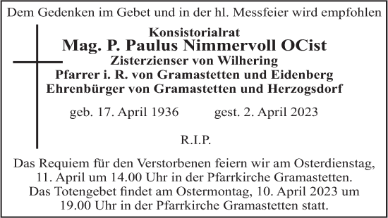 Traueranzeige von Paulus Nimmervoll von OÖNachrichten