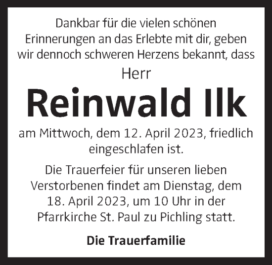 Traueranzeige von Reinwald Ilk von OÖNachrichten
