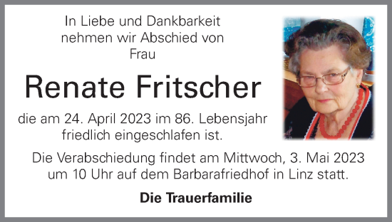 Traueranzeige von Renate Fritscher von OÖNachrichten